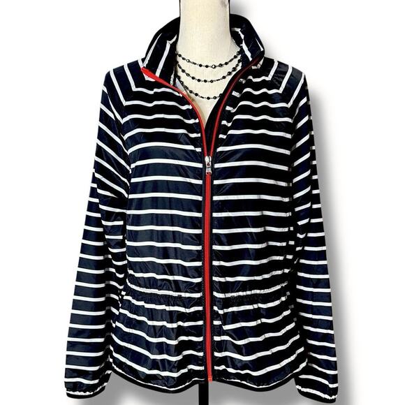 $108 RALPH LAUREN Black White Striped Zip Front Lightweight Windbreaker Jacket L - Picture 1 of 15